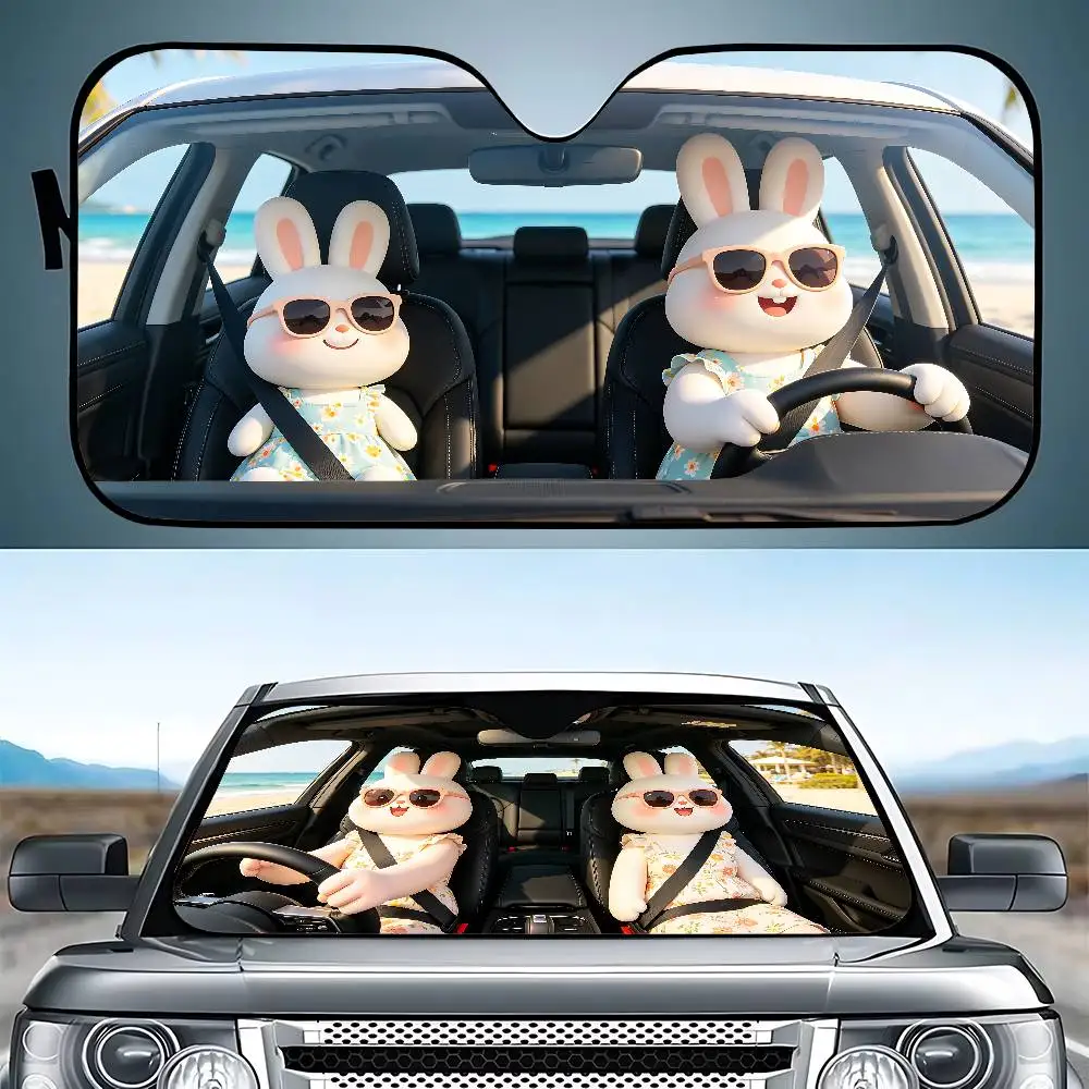 Rabbit Drive Car SunShade Windshield Funny Sun Shade Foldable UV Ray Sun Visor Protector Sunshade For Front Window