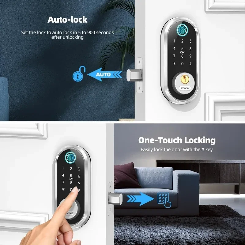 SMONET Smart Door Lock Keyless Deadbolt: Fingerprint Electronic Lock Bluetooth Code APP Touch keypads Work with Alexa
