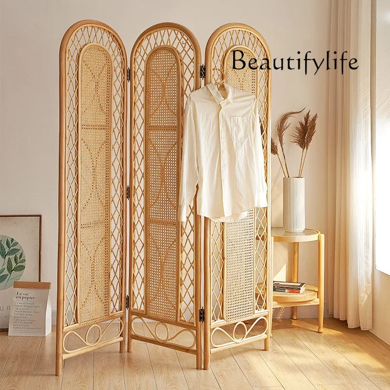 TT New Chinese three-page plant rattan screen living room home folding screen wabi sandy wind hotel handmade agate rattan screen