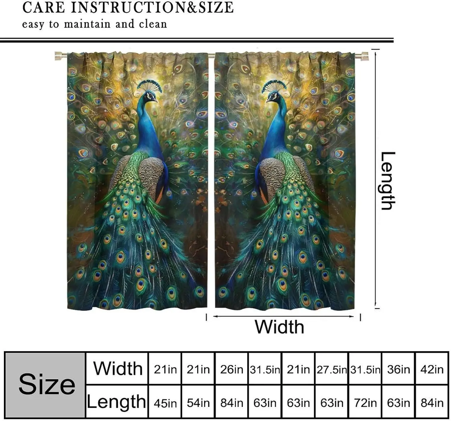 Majestic Peacock Print Curtain Pair Window Drapery Waterproof Decorative Curtains Tropical Jungle Home Decor Panels