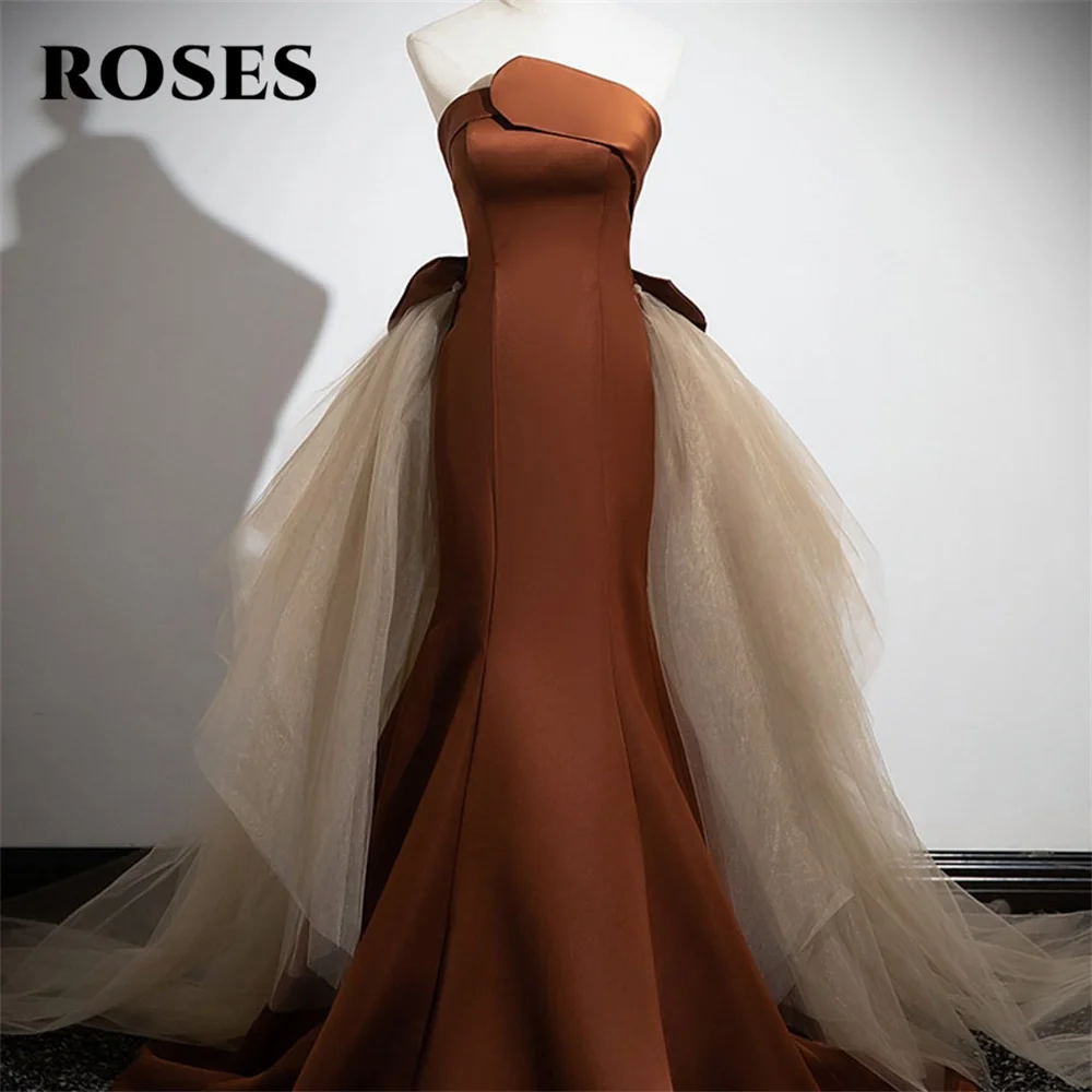 

ROSES Коричневое длинное вечернее платье с мягкими пятнами и русалкой Платье знаменитости без бретелек Платья для особых случаев с большим бантом по индивидуальному заказу