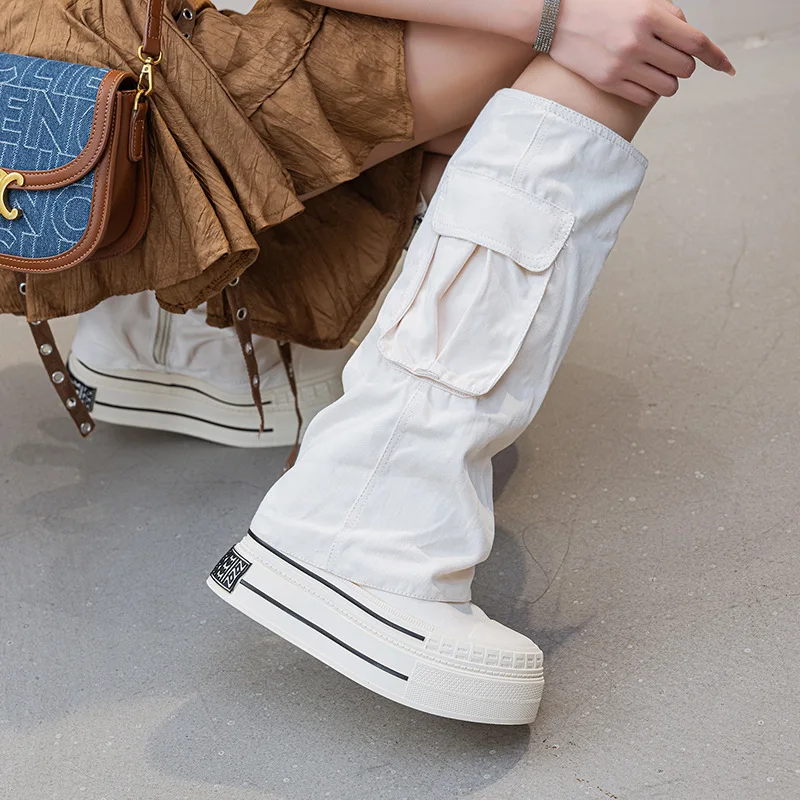 12cm Denim Cnvas 2025 Fall Winter New Brown Fashion Boots Versatile Platform Heightened Vintage Trouser Heel Boots Women view 5