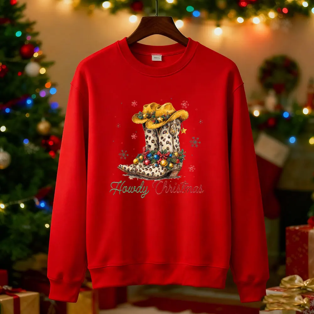 크리스마스 스웨트셔츠 컨트리 펀 크리스마스 스웨터 웨스턴 카우보이 부츠 후디 메리 크리스마스 여성용 홀리데이 후디