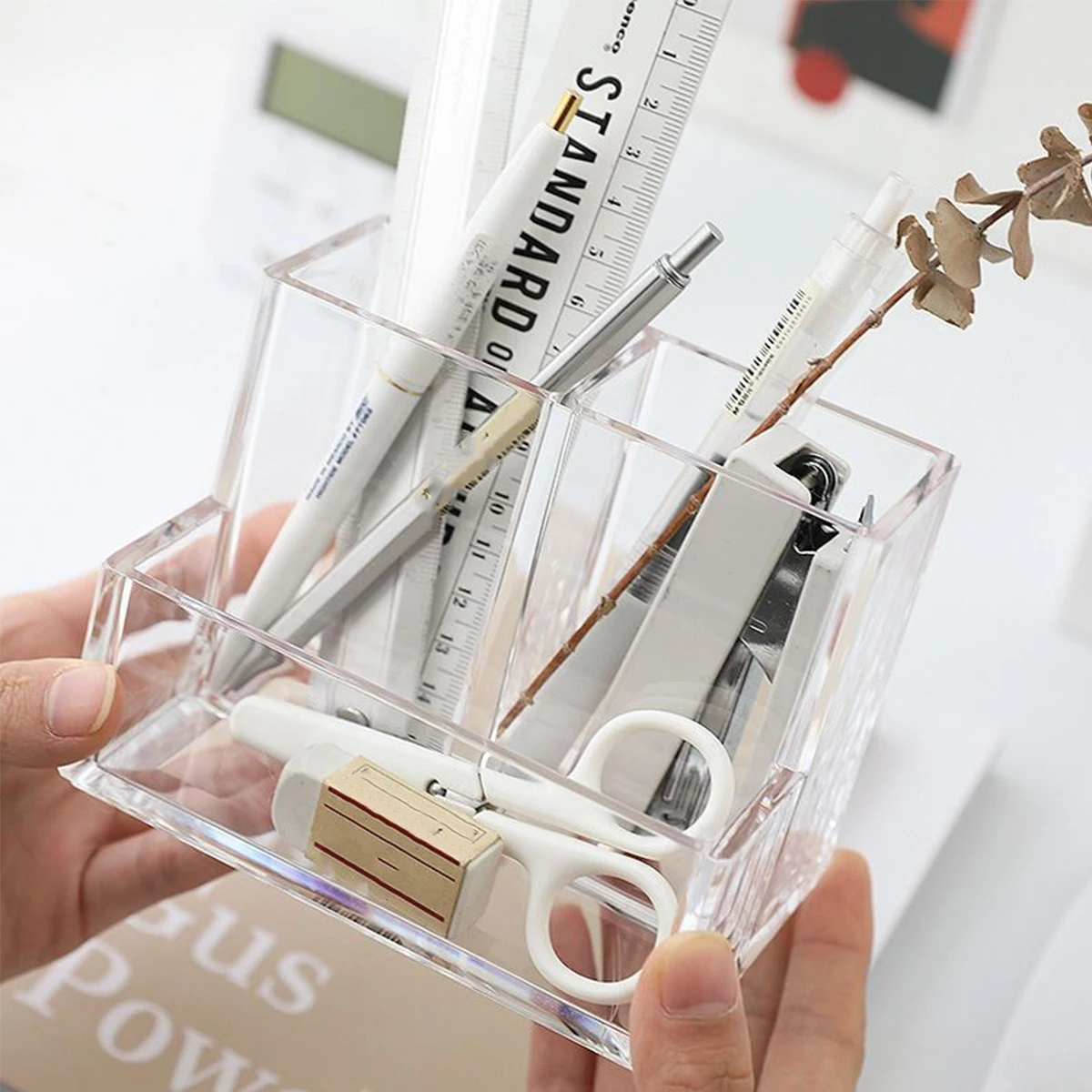 Clear Acrylic Desk Organizer, Multi-Compartment Pen Holder for Office & School Supplies