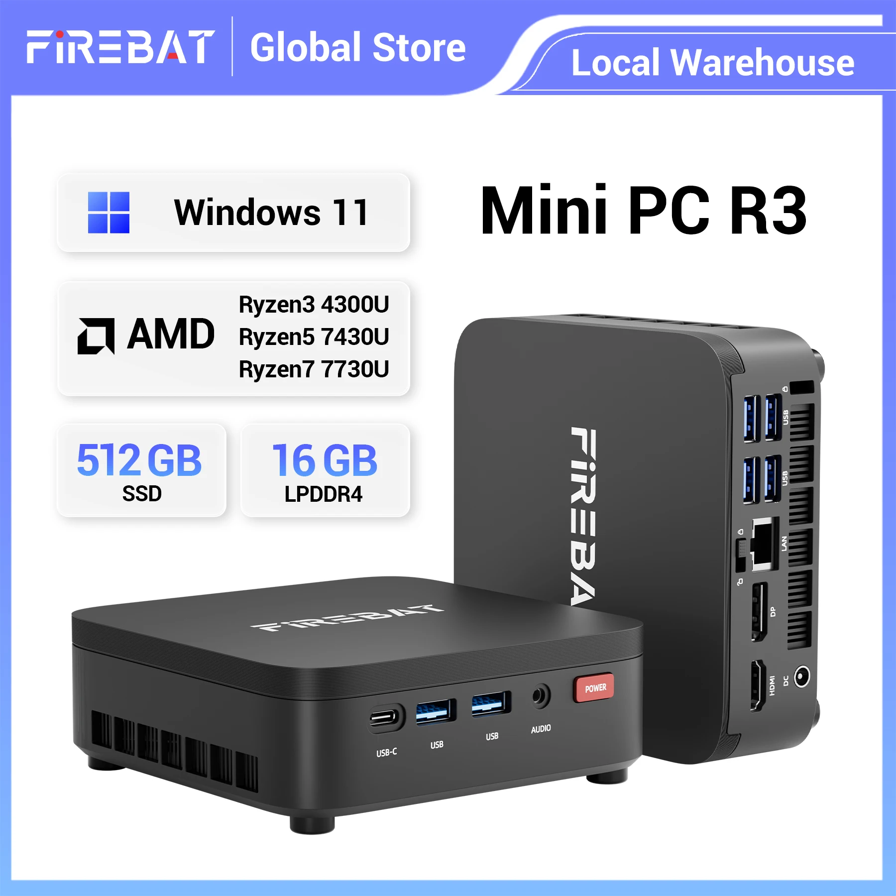 

Firebat R3 Mini Gaming Desktop Amd Ryzen 3 4300U Ryzen 5 7430U Ryzen 7 7730U 16Gb Lpddr4 512Gb Sata Ssd Wi-Fi 6 Bt5.2 1000m Lan Portable Windows11 Desktop Computer