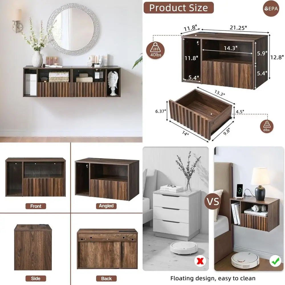 

Contemporary Walnut Fluted Nightstand with Charging Dock, Drawer Storage, USB & Outlet Ports, Left-Side Bedroom Decor