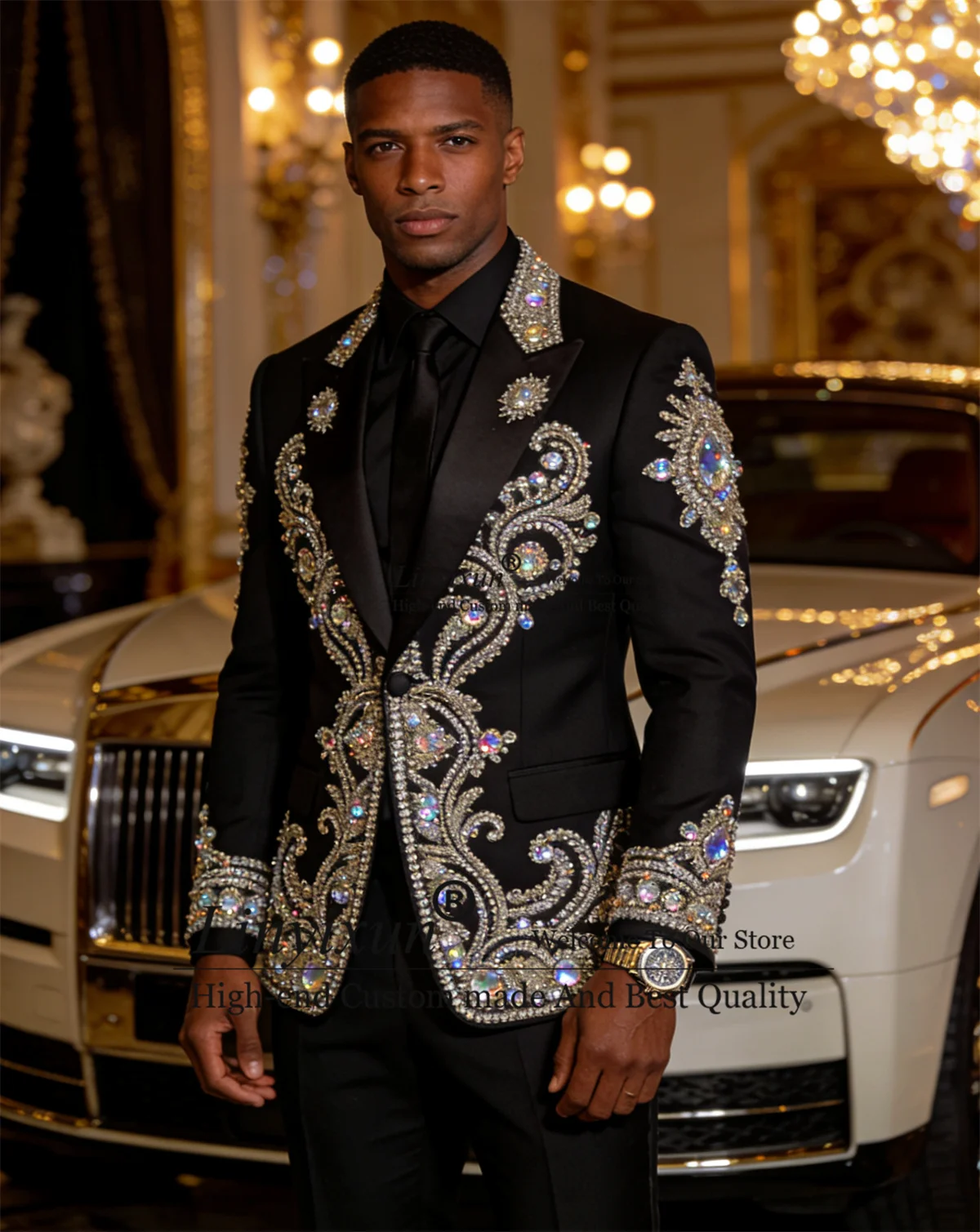 

Stunning Ornament Rhinestone Men Suits Peaked Lapel Costume Homme Customized Wedding Tuxedos 2 Pieces Sets Party Groom Blazers