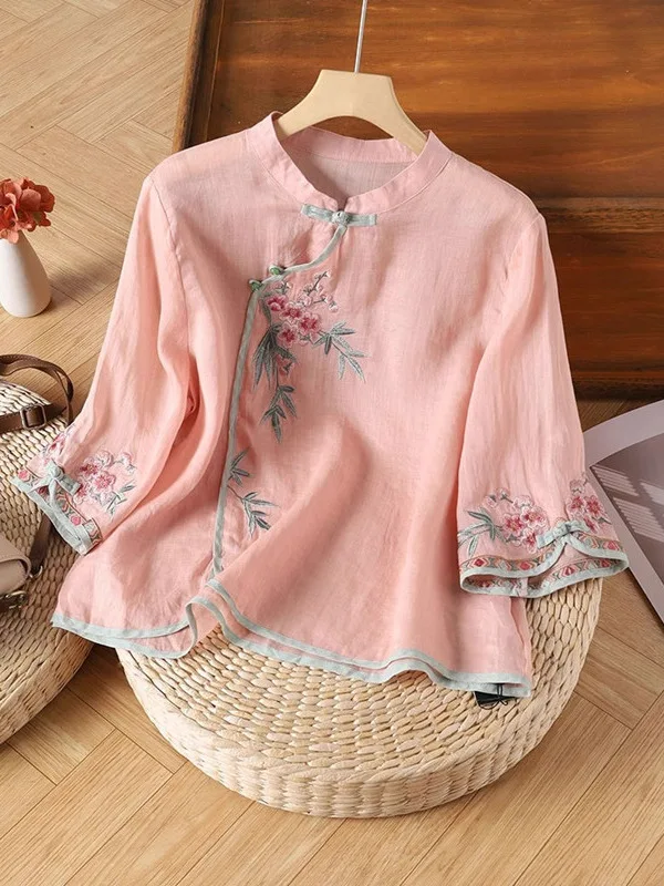 

Retro Style Embroidered Cotton Linen Blouse Summer 2026 Women's Stand Collar Sleeveless Heavy Work Ethnic Style Shirt