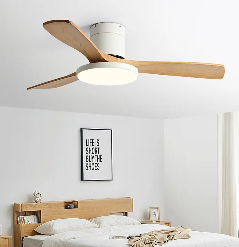 Flush Mount Ceiling Fan With Light Low Profile Wooden Ceiling Fan Lamp with LED Light and Remote Control Reversible Motor