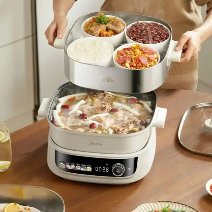 Midea electric steamer, multi-functional pot for steaming buns, thickened stainless steel electric frying pan, electric hot pot.