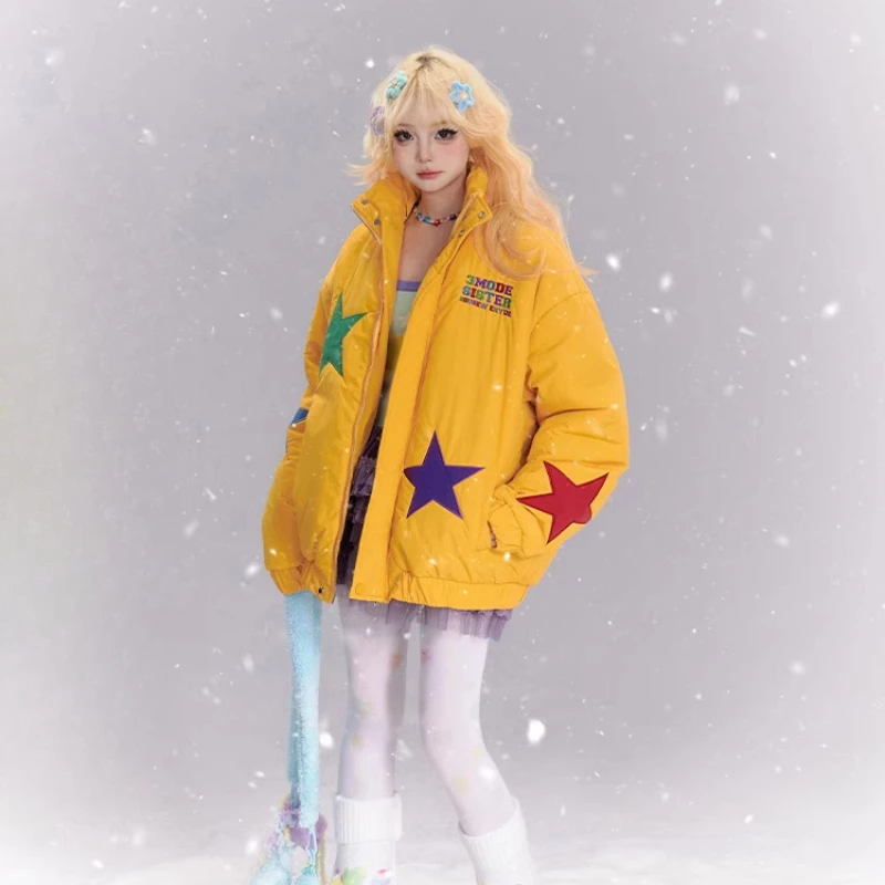 New American Stand-up Neck Cotton-padded Coat Women's Winter Loose Star Cartoon Letter Embroidered Bread Parkas Jaqueta Feminina