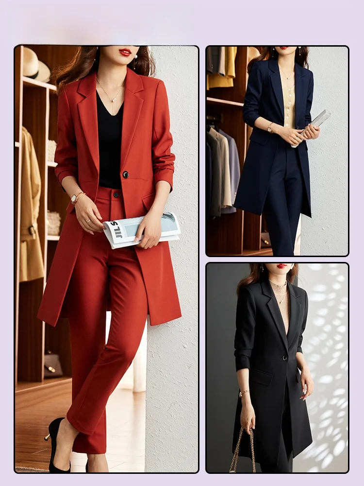 Orange Suit Jacket Women's Mid-Length Elegant Goddess Style Autumn Winter Fashionable Button-Up Polyester Long Sleeve Coat