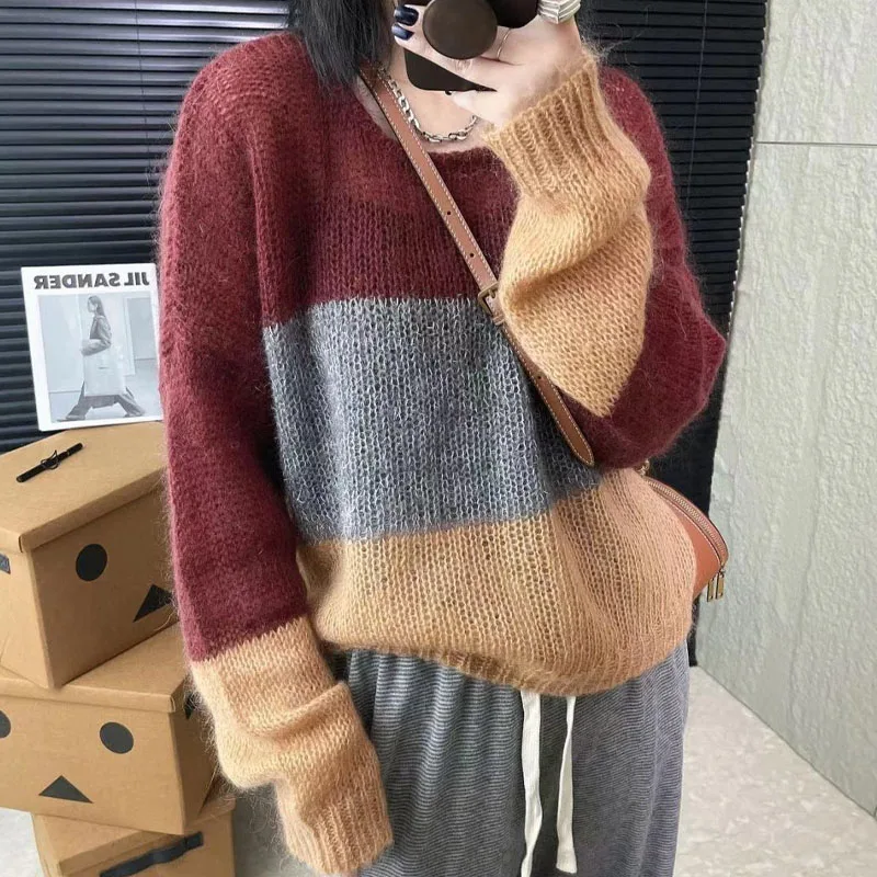 Female Loose Fashion Round Neck Striped Knitted Pullovers Autumn Winter Women's Clothing Long Sleeve All-match Patchwork Sweater