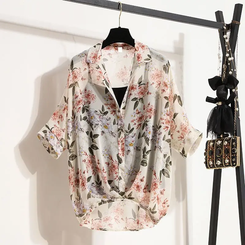 Women Floral Print Vintage Oversized Blouse Summer Fashion V Neck Irregular Thin Shirt Casual Half Sleeve Chic Top Female Blusas