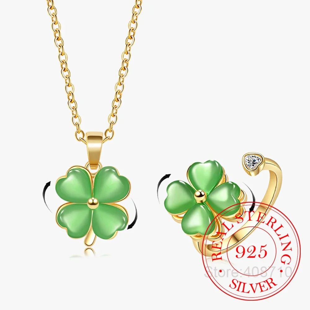 925 Sterling Silver Jewelry Crystal Lucky Plants Spinning Jewelry Set 2pcs Rings Necklace for Women Wedding Party Jewelry Gift