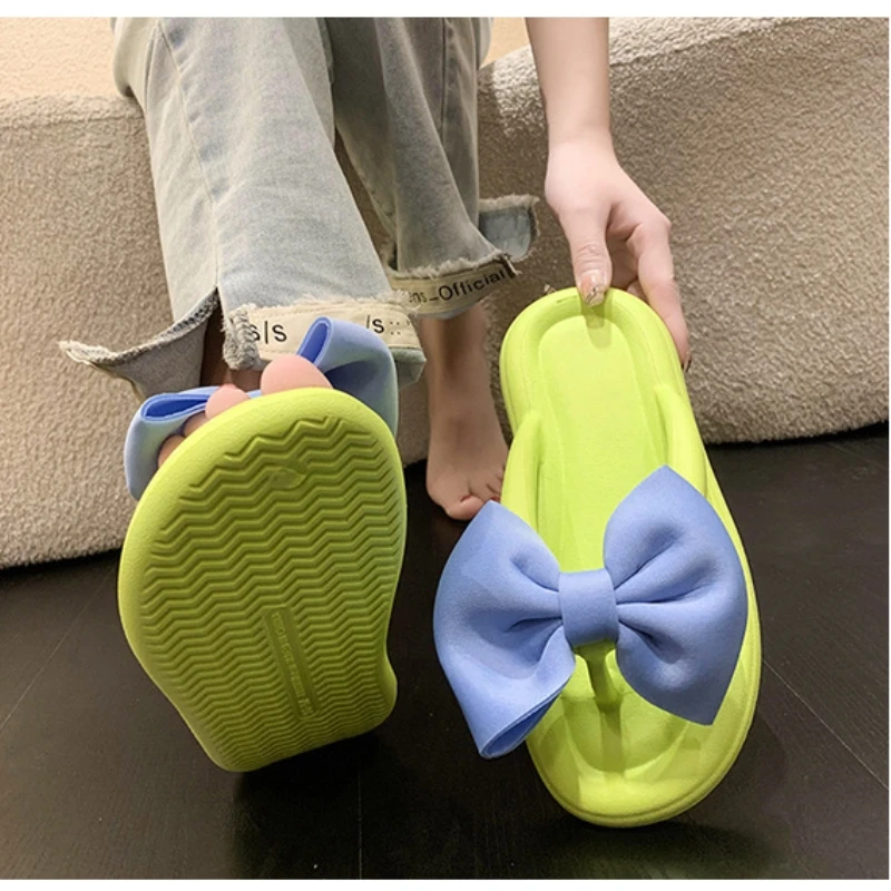 Cute Women\'s Summer Slippers Girls Outdoor Anti-slip Slides Adults Indoor Waterproof Sandals Couples Sweet Bow Tie Flip Flops