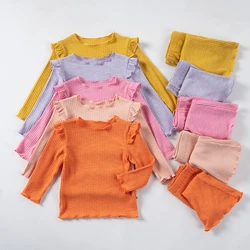 Preschool Girls Solid Color Fashionable And Cute Long Sleeved Top+Flared Pants Set Spring and Autumn Style Set