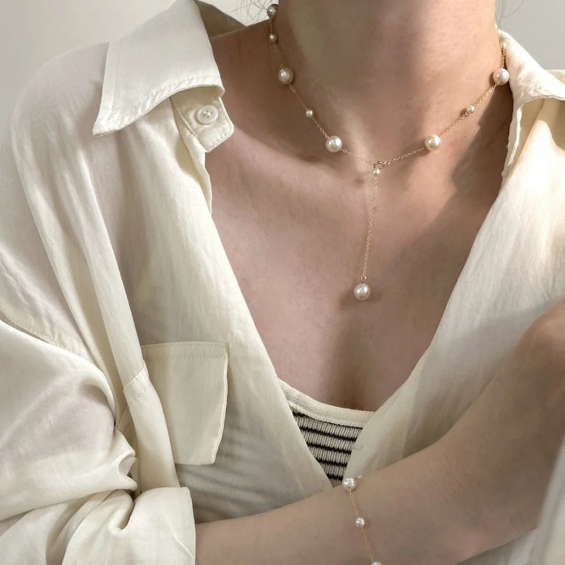 New Artificial Pearl American Production14kGilded Scattered Starry Necklace Simple All-Match Clavicle Chain Niche Necklace