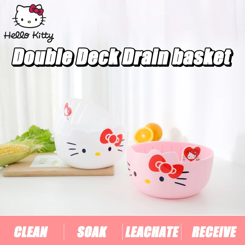 سلة غسيل الخضروات للمطبخ من هالو كيتي، طبقة مزدوجة، تصميم مجوف، سلة خضروات فواكه، لوازم المطبخ