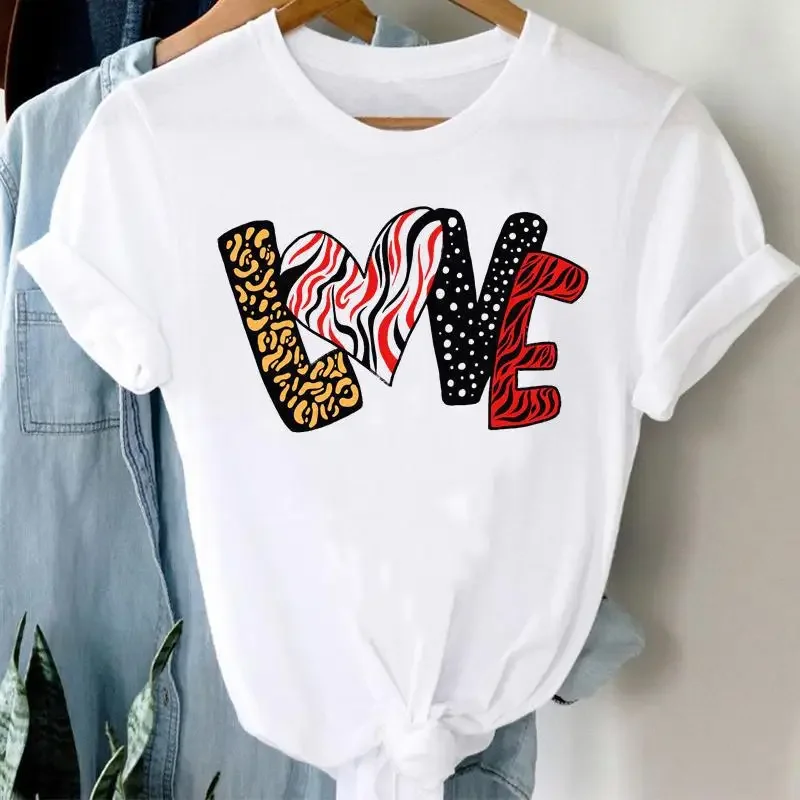 Spring Summer Women's Top Flower Love Leopard Print Round Neck Casual Fashion Women Short Sleeve T-shirt Tops polyester fabric