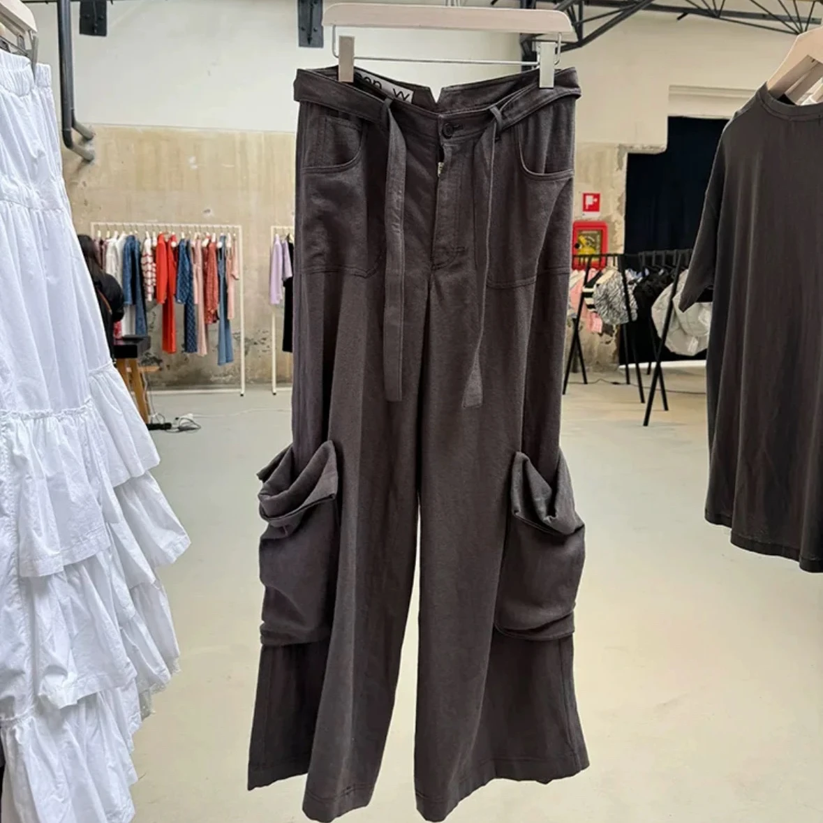 Estate nuovo marrone casual Dstring cerniera grande ket pantaloni da lavoro donna vita alta gamba larga strada Sle regolare sottile