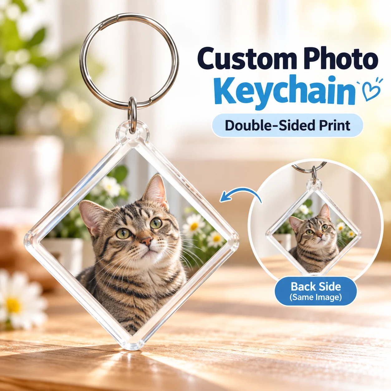 Personalized Acrylic Keychain Diamond Double-Sided Custom Photo Logo Key Ring Clear Plastic Box Charm for Keys Bags Luggage Gift