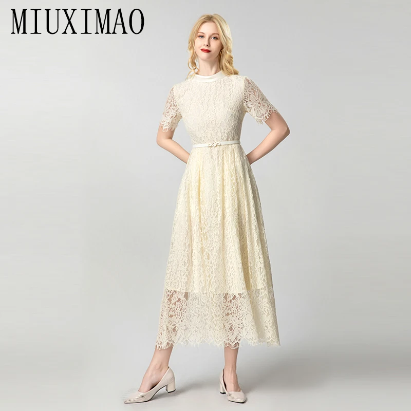 MIUXIMAO 2025 Summer Elegant Beach Dress Women's O-Neck Short sleeve Lace Slim Long Dress Women Vestides With Belt