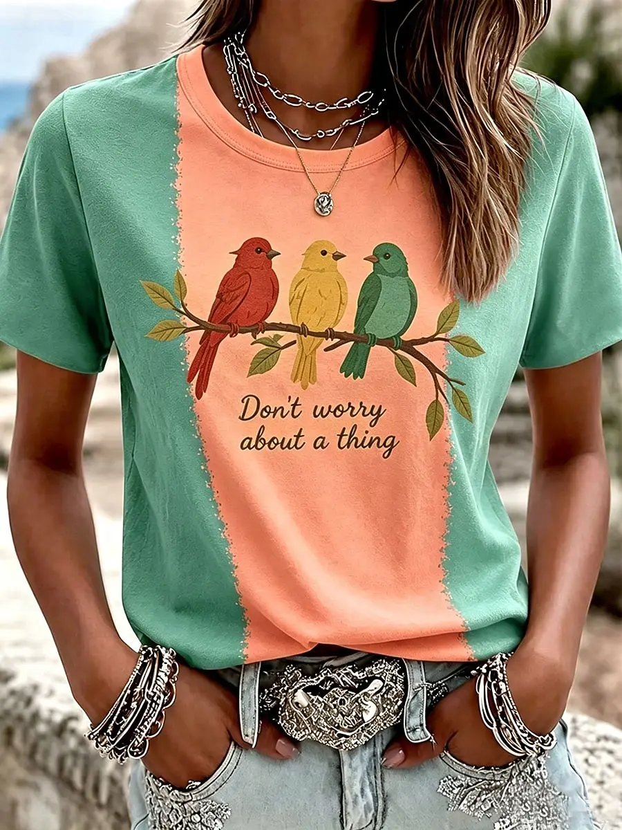 Women's Spring Summer 3D Printed Crew Neck T Shirt, Red Green Yellow Color Block Three Birds Letter Vintage Daily Top