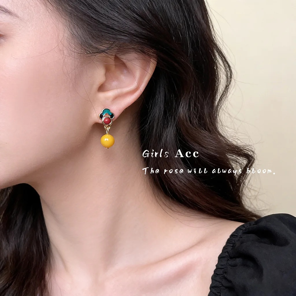 Vintage Artistic Ethnic Enamel Glaze Earrings New Chinese Xiangyun National Trend Niche Synthetic Beeswax Ear Drops For Female