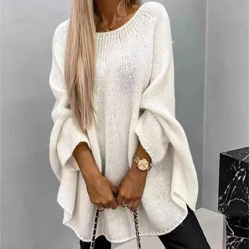 

Women Pullover Sweater Elegant O-neck Cloak Style Women's Sweater with 3/4 Sleeves Loose Fit Knit Pullover Top for Breathable