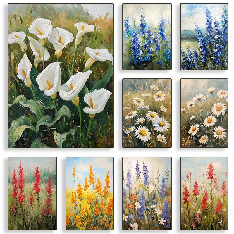 

Impressionist Wildflower Calla Lily Blue Delphinium and Daisy Poster Diamond Painting for Farmhouse Dining Room Cafe Decoratio