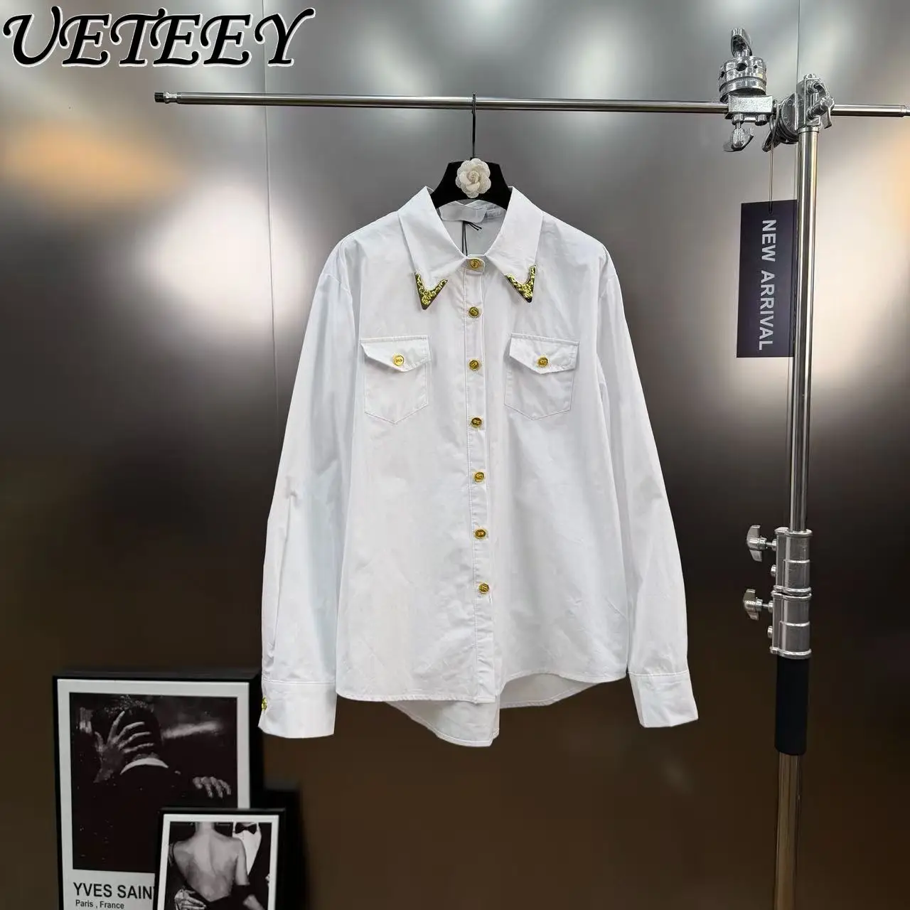 

2026 Spring New Metal Decorated Turn-down Collar Long Sleeve Top Single-breasted Heavy-duty Loose White Straight Shirt for Women