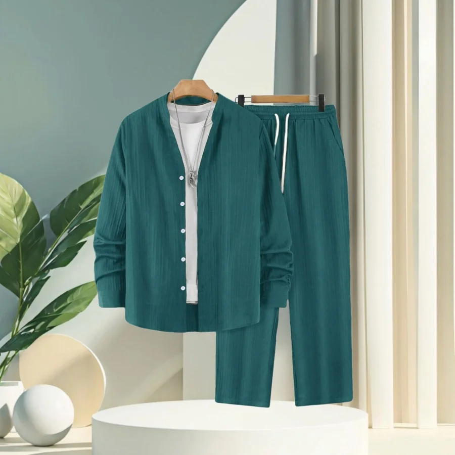 

Men's Spring/Summer Casual Breathable Two-Piece Set - V-neck Long-Sleeved Buttoned Shirt with Drawstring Waist Pants Set
