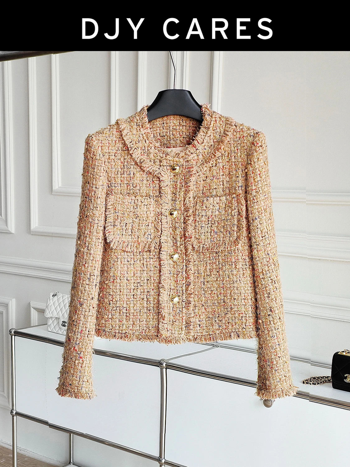 

New Bold tweed fashionable retro light coffee color tassel round neck jacket top big size