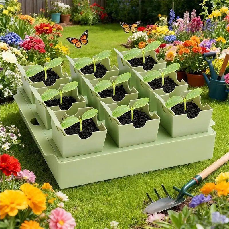 AT43-Starter Trays For Seedlings, Plant Starter Trays With Compartments & Drainage Holes, For Greenhouse Garden Nursery