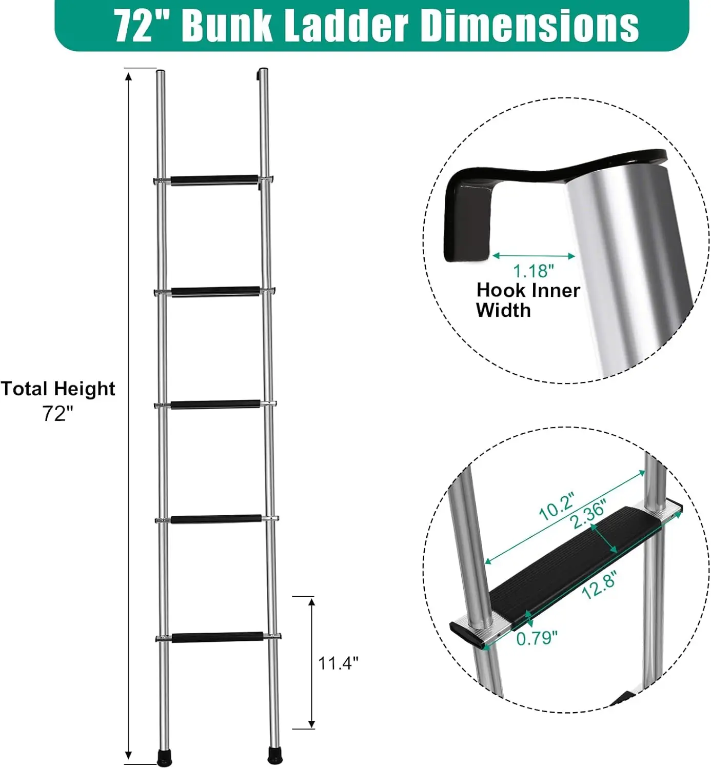 

72-дюймовая двухъярусная лестница для автодома, 5-ступенчатая интегрированная алюминиевая двухъярусная лестница для кемпера с противоскользящими резиновыми подставками для ног, серебристая