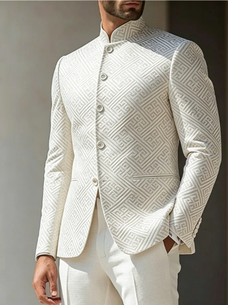 Mens Off White Slim Fit Blazer Stand Collar All Over Greek Pattern Casual Coat