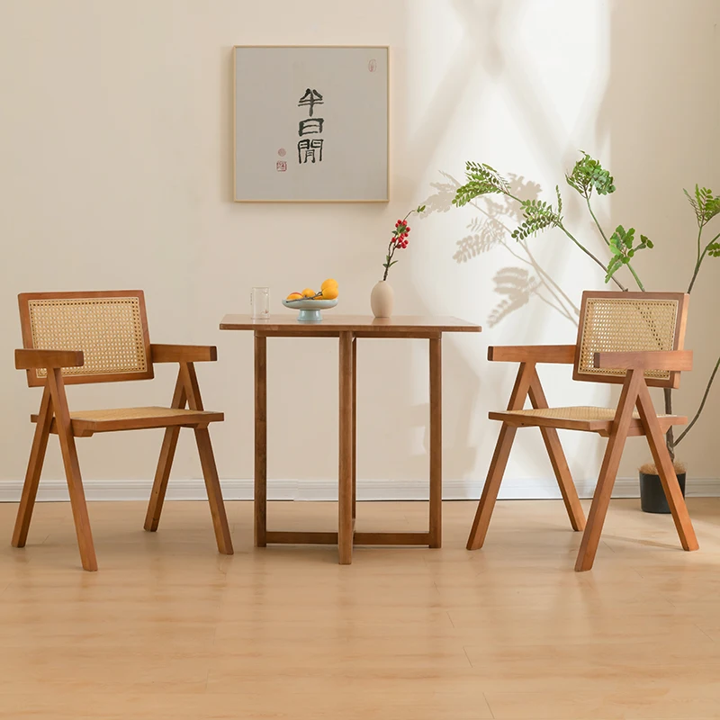 

Japanese-style small apartment round solid wood dining table balcony retro coffee household log wind rattan rice tea table chair