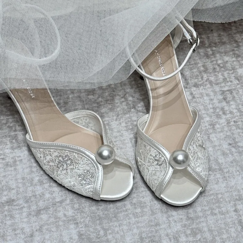 Luxury Women's Shoes High Quality Pearl High Heel Sandals Summer New Lace Fashion Shoes for Women Designer Open Toed High Heels