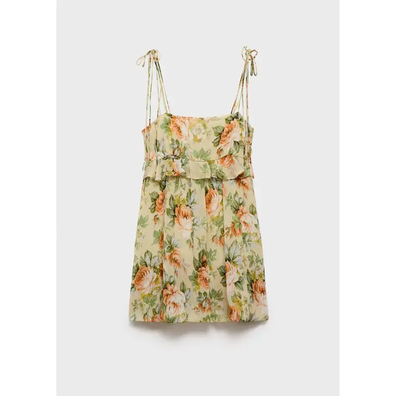 Combhasakiผู้หญิงดอกไม้พิมพ์สแควร์คอเอวสูงRuffle Trimสปาเก็ตตี้บางผูกสั้นBackless A-Line Camiชุด