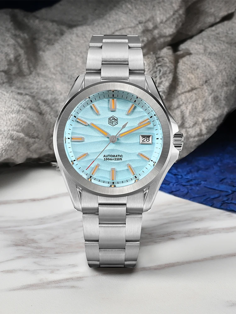 San Martin 39mm luksusowy męski zegarek sportowy ze stali nierdzewnej z teksturą Dune automatyczny zegarek mechaniczny wodoodporny 10Bar Luminous