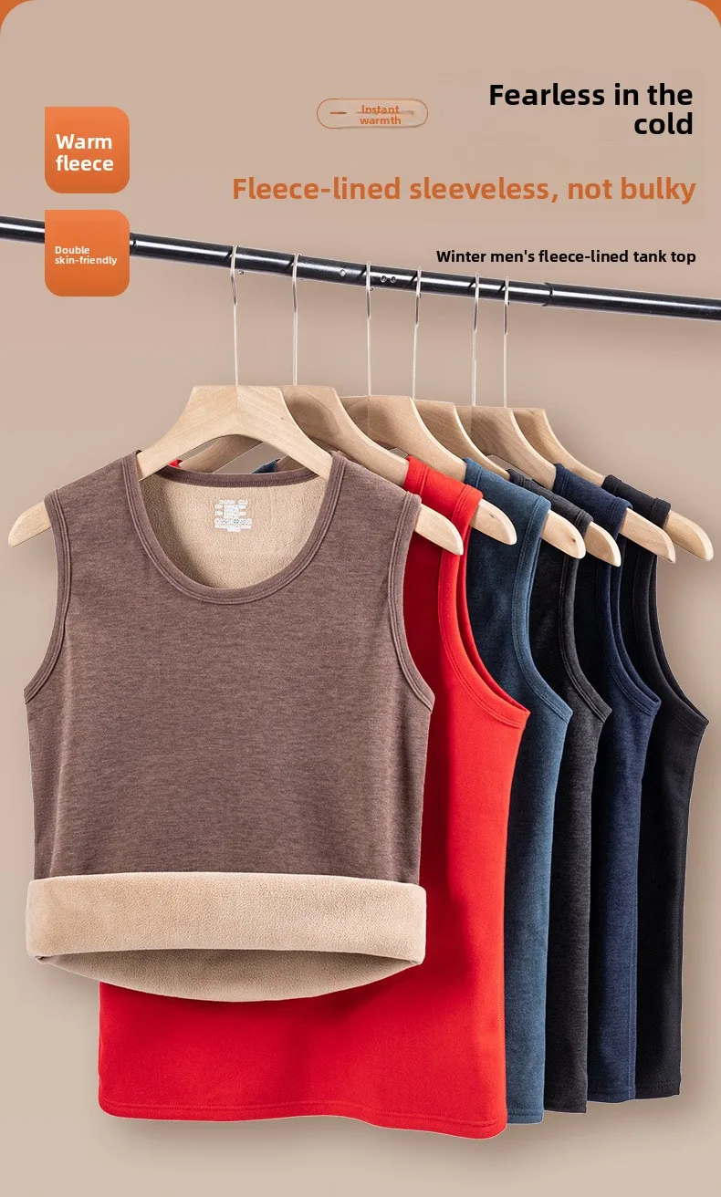 Herren Thermoweste, Fleece-gefüttert, Winter-Wärme, ärmelloses Tanktop, dick, dehnbar, einfarbig, Thermo-Unterwäsche, Basisschicht, Übergröße 8XL 7XL – Detail 3