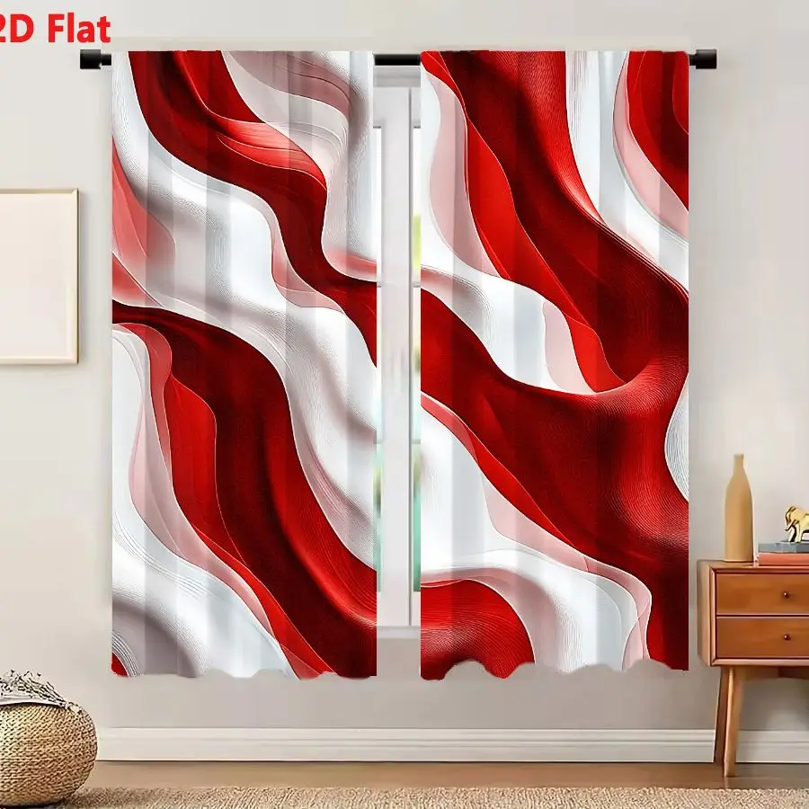 2Pcs Curtains Add 2D Flat Dynamic Abstract Flowing Ribbon Forms In Vibrant Red And Pure White With Smooth Textured Surfaces And