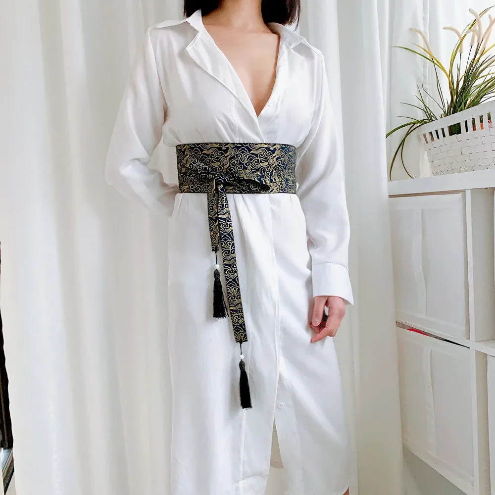 エスニックリネンワイドウエストシンチャーベルト、タッセル付きクラウド柄アクセサリー、ドレス用、伝統的でおしゃれな女性のウエスト装飾