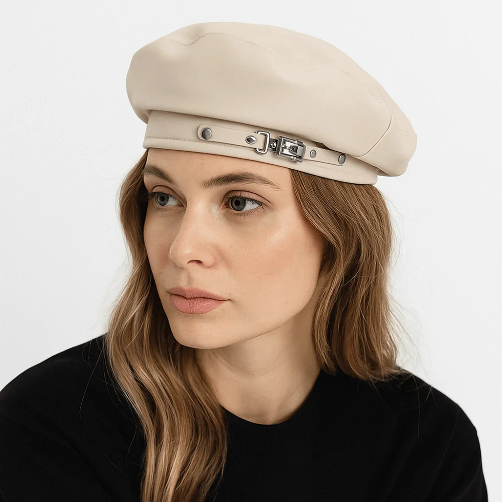 

Casual Korean Style Vintage Beret Hat Solid Color JK Metal Buckle Octagonal Hat Y2k Big Head Circumference Painter Cap Girls