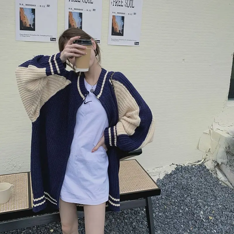 Deeptown-レディース日本のジッパーセーター、ヴィンテージカーディガン、韓国スタイル、特大ニットトップス、パッチワーク、長袖ジャージ、kpop、y2k