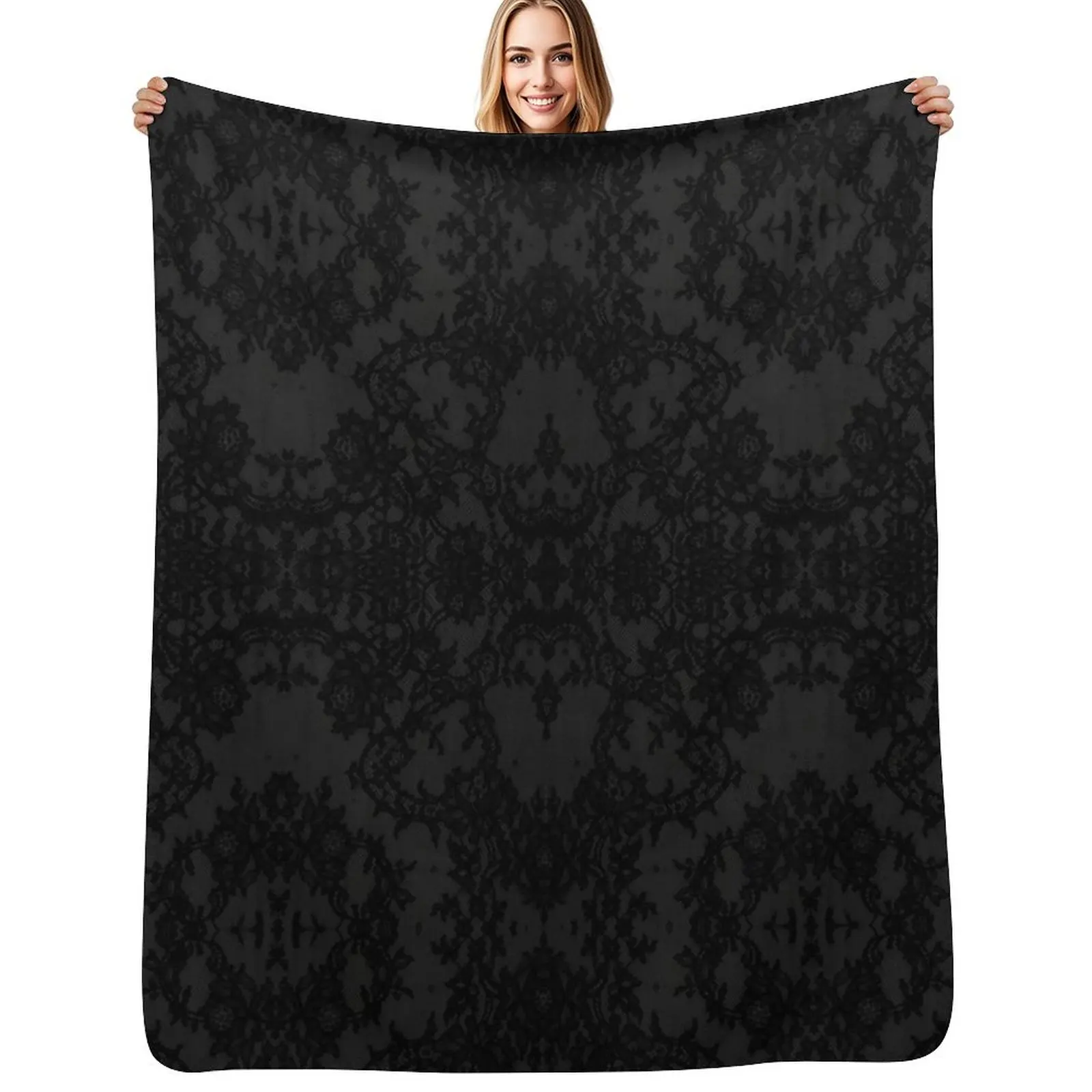 Chic Tonal Black Symmetric Floral Lace Repeat Pattern Throw Blanket Kid'S Sofa Throw halloween Plaid on the sofa Blankets