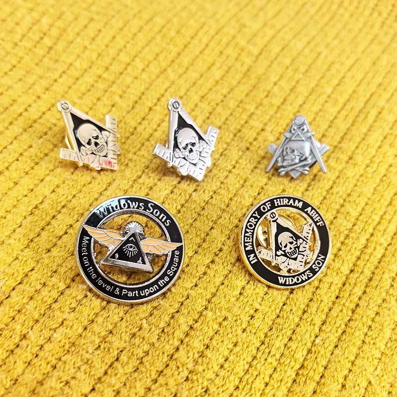 Motorcycle Club Masonic Widows Sons Lapel Pins Freemasons Metal Badge Free Masons Meet on The Level Part Upon The Square Brooch