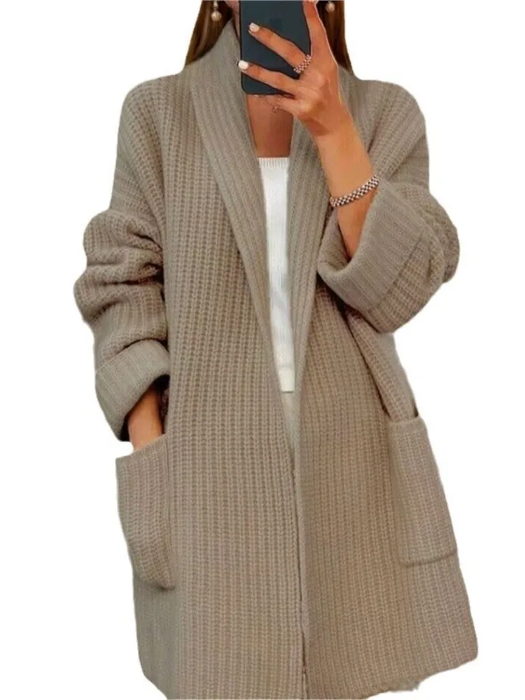 Gebreid vest voor dames Mode Effen kleur V-hals met zak Losse lange elegante trui Herfst Winter Dame Kantoortruien