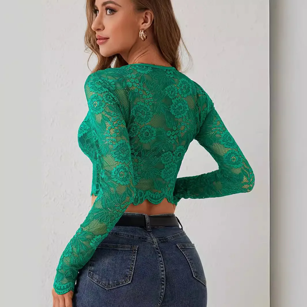 2025 New Long Sleeve Women's T-Shirt Clothes Woman New Sexy Single-layer Lace Long-sleeved Short Pullover Slim Fit T-shirt Top